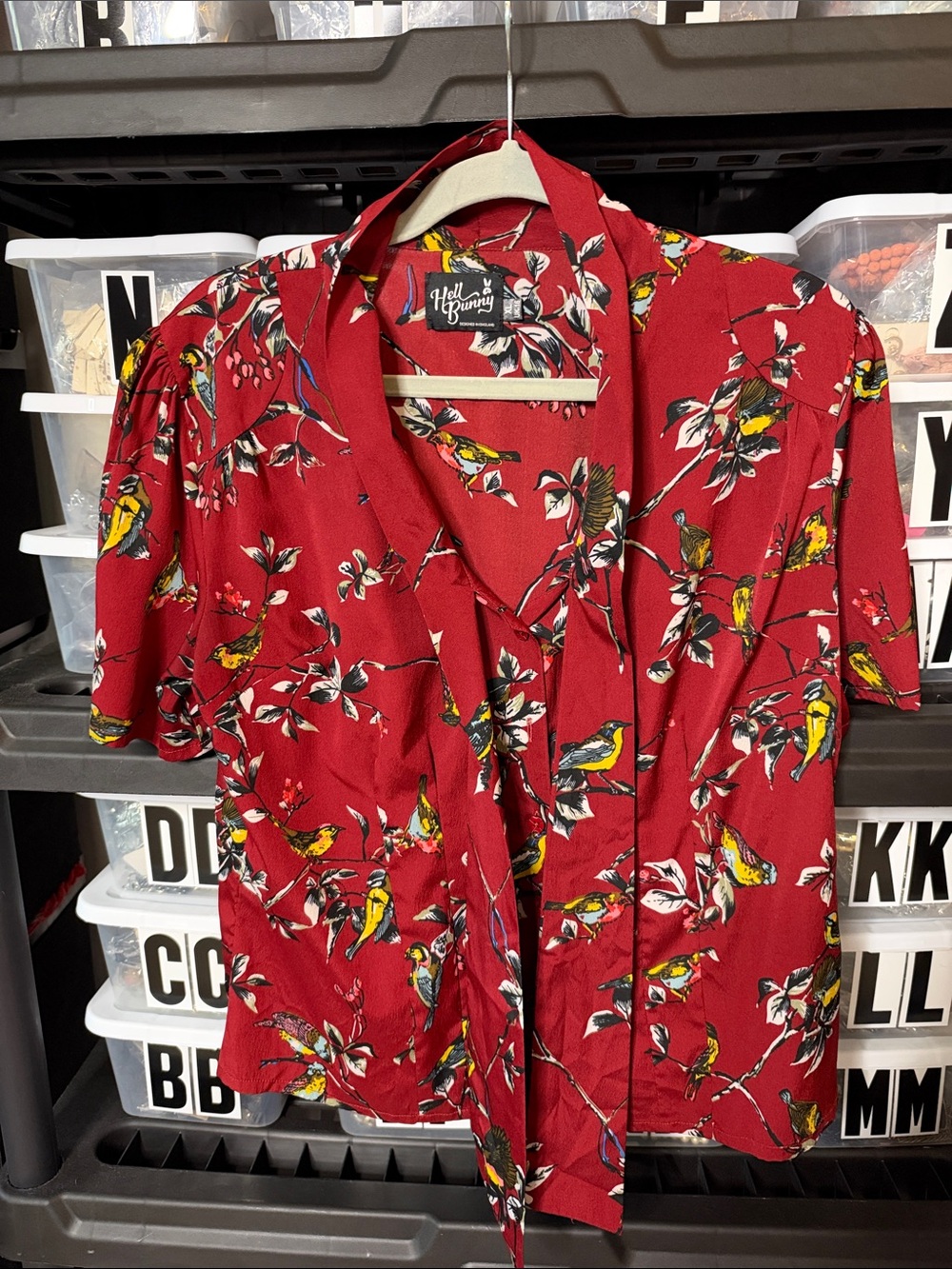 Hell Bunny Pinup 40’s 50’s Inspired Red Floral Bird Camp Button Down Shirt XL